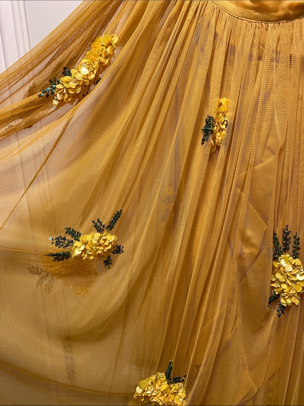 Maeve Mustard Tulle Midi Skirt with Floral Appliqués - Picture 3 of 9